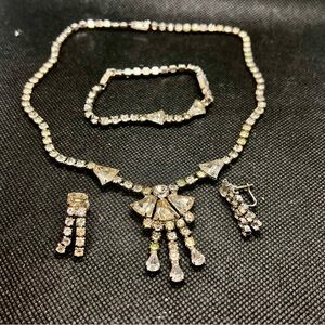 Vtg Kramer Clear Rhinestone Necklace Bracelet Earring Jewelry Set, Wedding Party